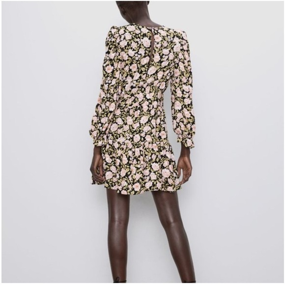 ZARA NWOT Puff Sleeves Floral Print Mini Dress Open Back, Size L - Picture 2 of 14